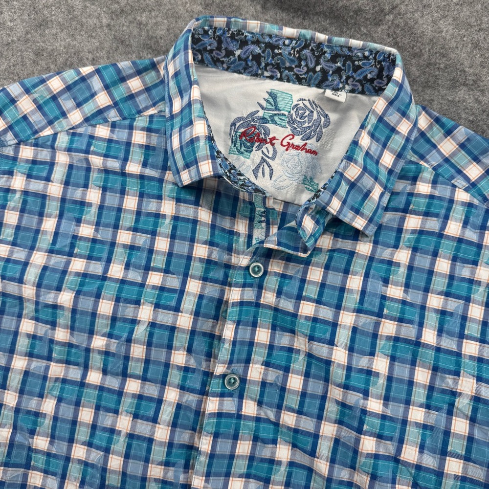 Robert Graham Button Down Shirt Men L Blue Plaid Skulls Short Sleeve Classic Fit